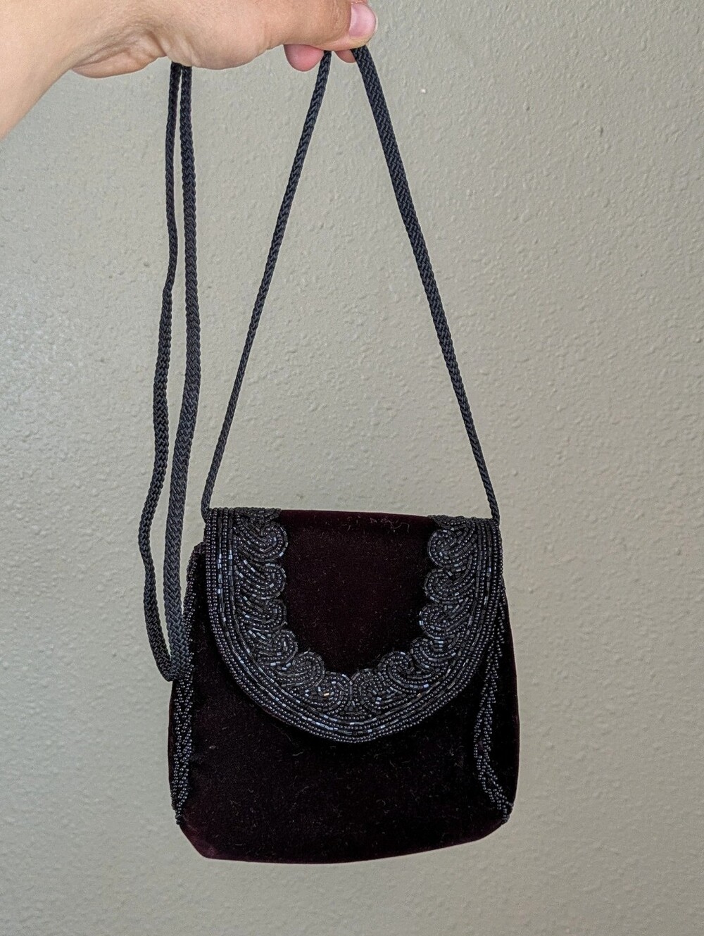 Vintage Black Velvet Beaded Evening Bag Mini Crossbody Shoulder Purse Formal